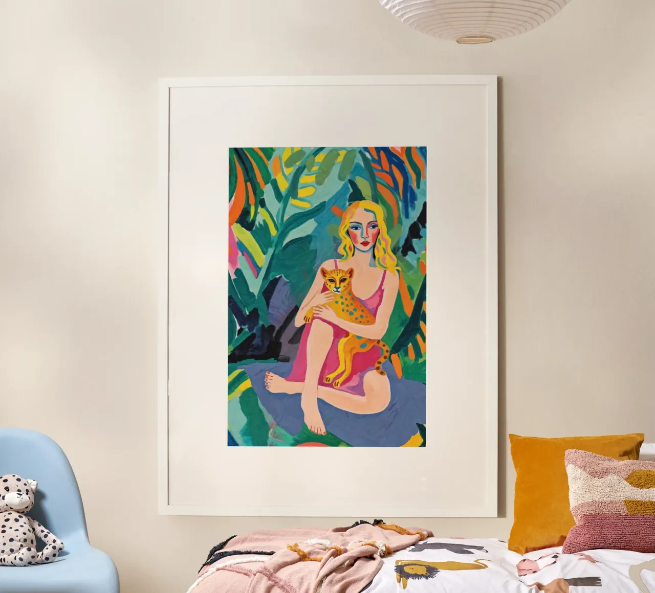 Peinture moderne Pop Art colorée Femme et guépard dans la jungle poster avec cadre en aluminium de Hecate Pim Designs