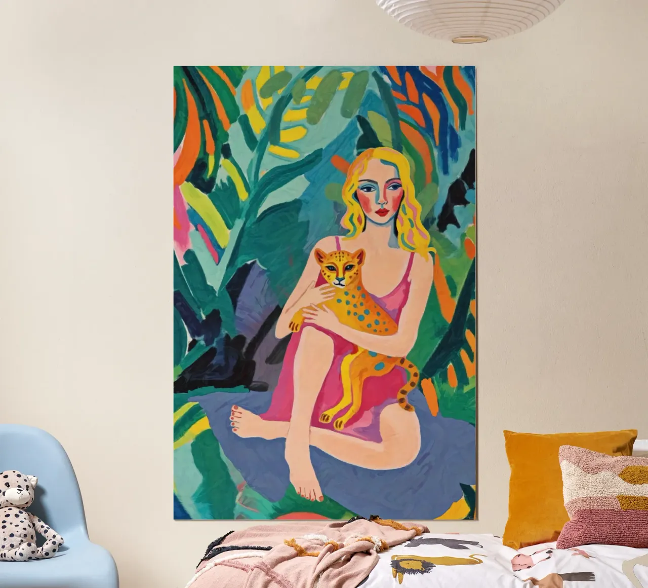 Peinture moderne Pop Art colorée Femme et guépard dans la jungle poster avec cadre en aluminium de Hecate Pim Designs