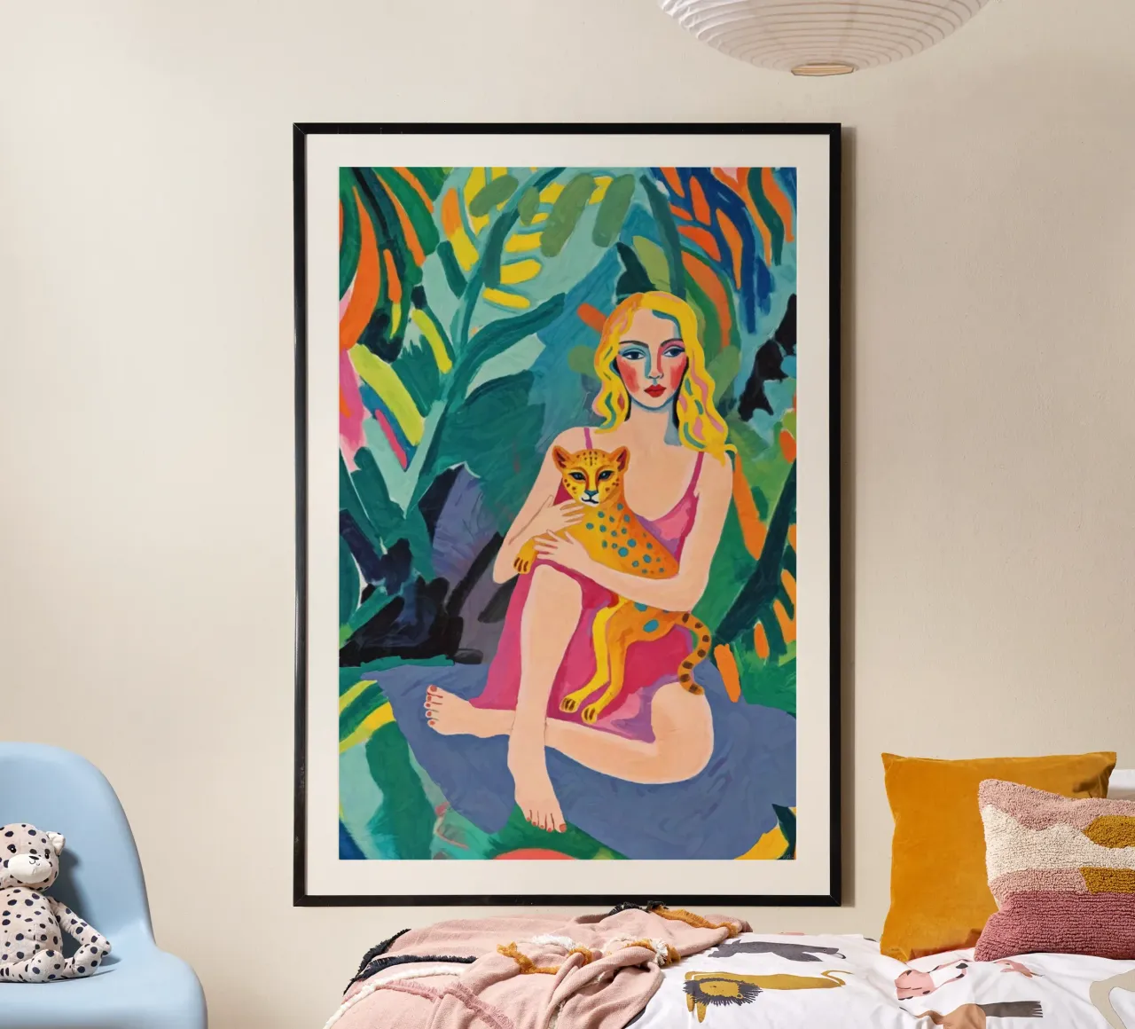Peinture moderne Pop Art colorée Femme et guépard dans la jungle poster avec cadre en aluminium de Hecate Pim Designs