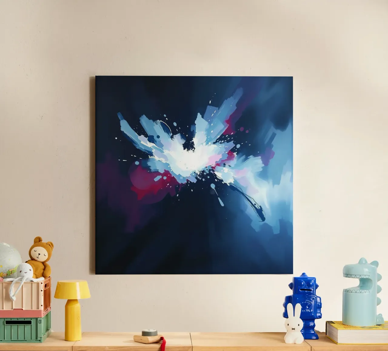 Pittura astratta con pennellate bianche, blu e rosse tela con Cornice a cassetta da DesignDoodle