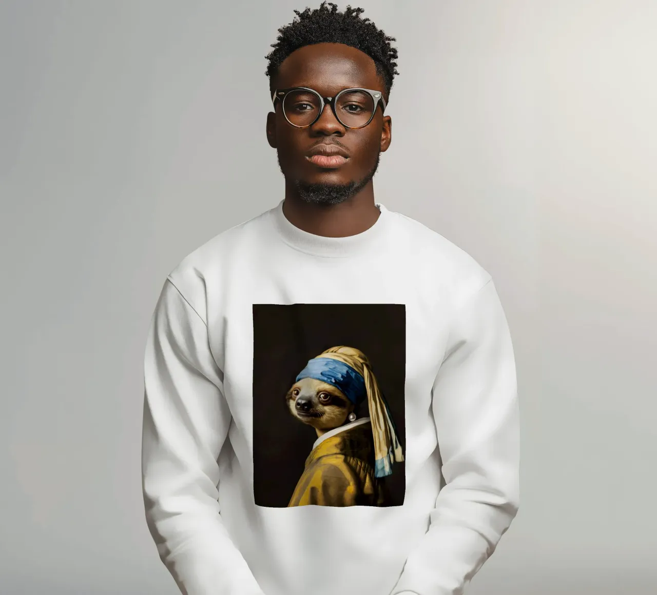 Le paresseux de Vermeer avec une boucle d'oreille en perle dans une robe jaune sweat de Modern Muse