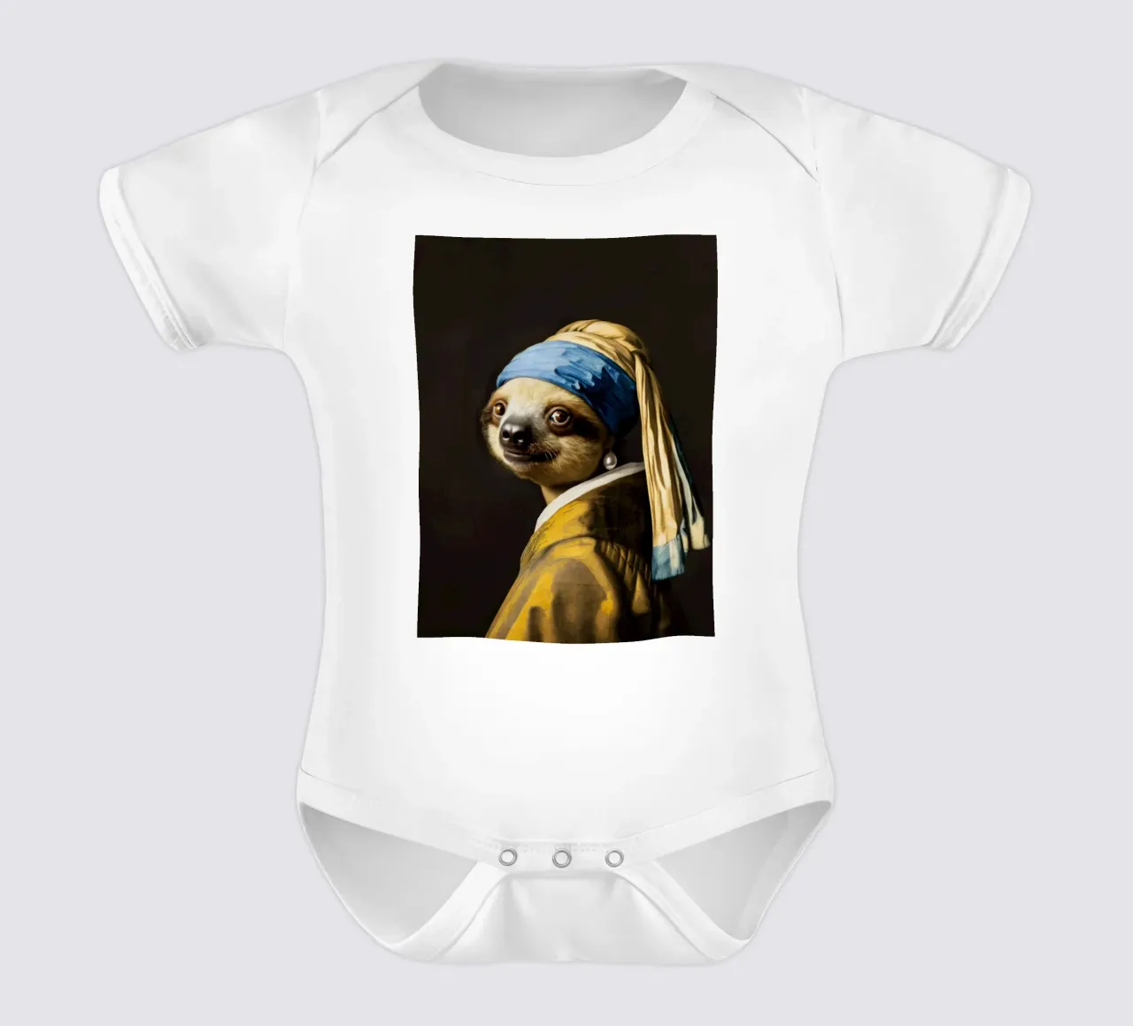 Le paresseux de Vermeer avec une boucle d'oreille en perle dans une robe jaune body bébé de Modern Muse