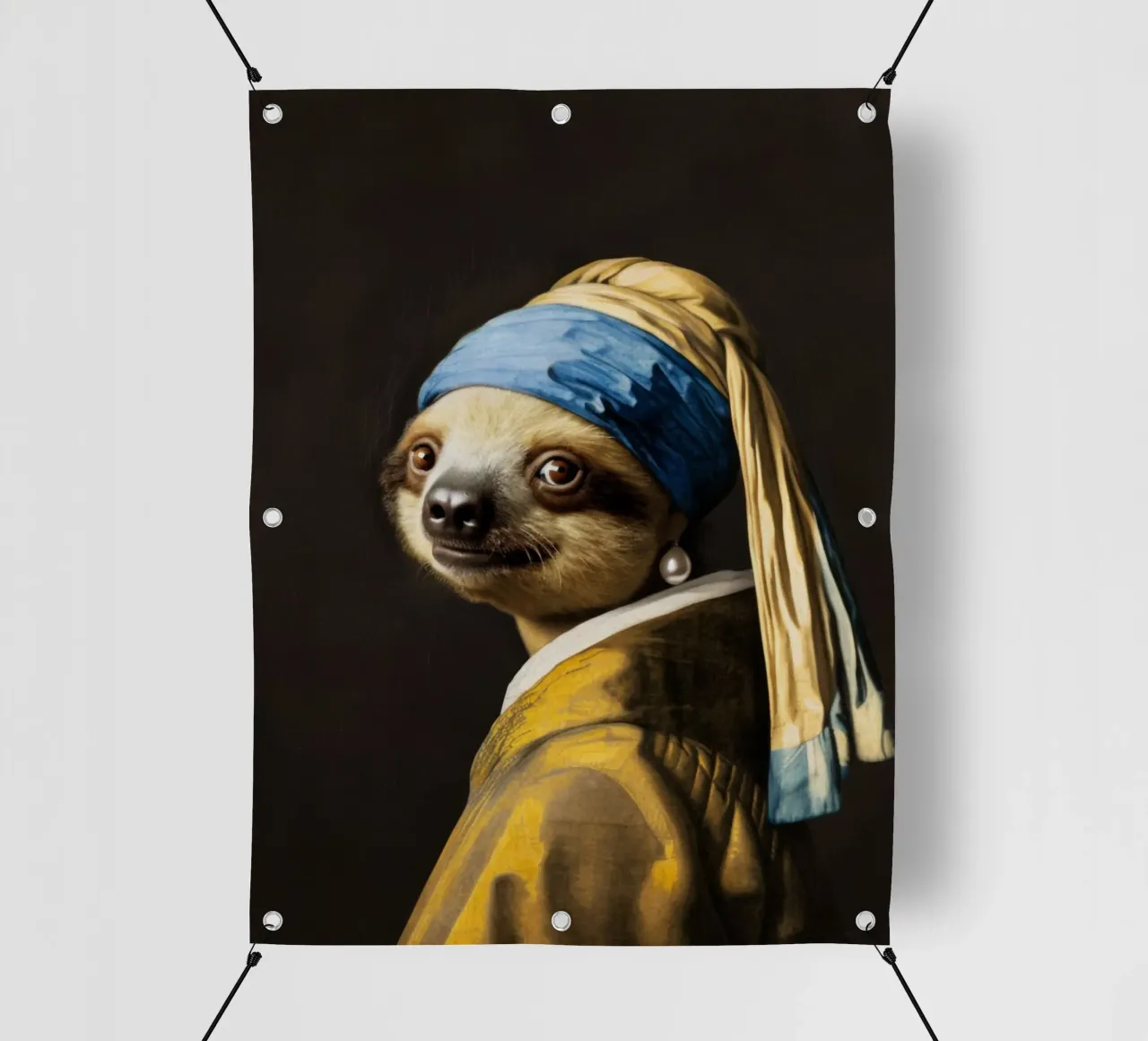 Le paresseux de Vermeer avec une boucle d'oreille en perle dans une robe jaune bâche pvc de Modern Muse