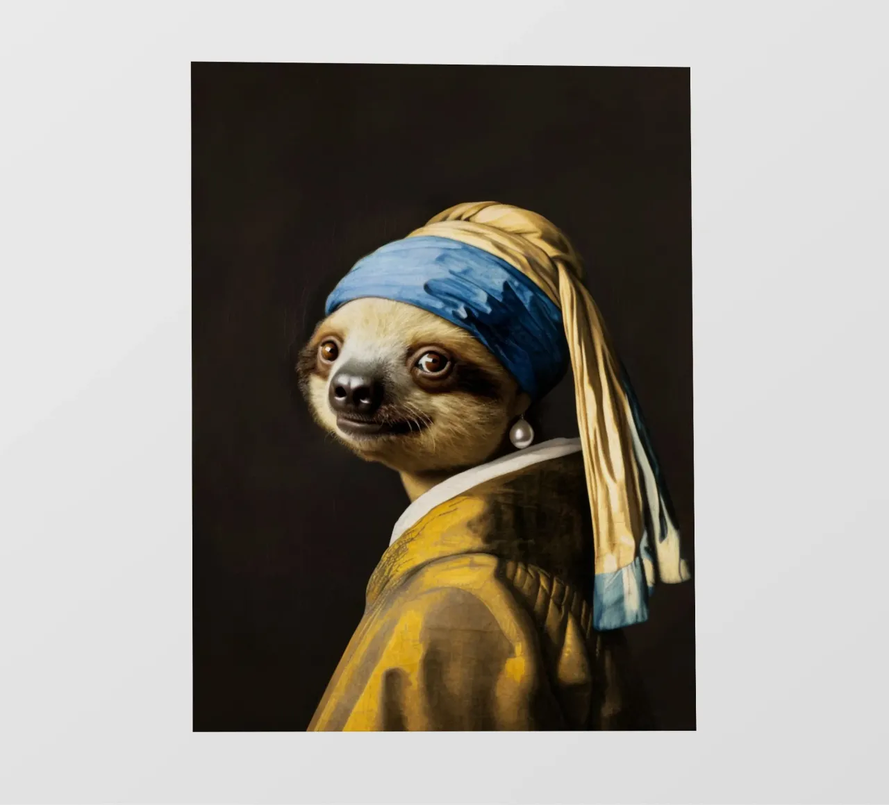 Le paresseux de Vermeer avec une boucle d'oreille en perle dans une robe jaune bâche pvc de Modern Muse