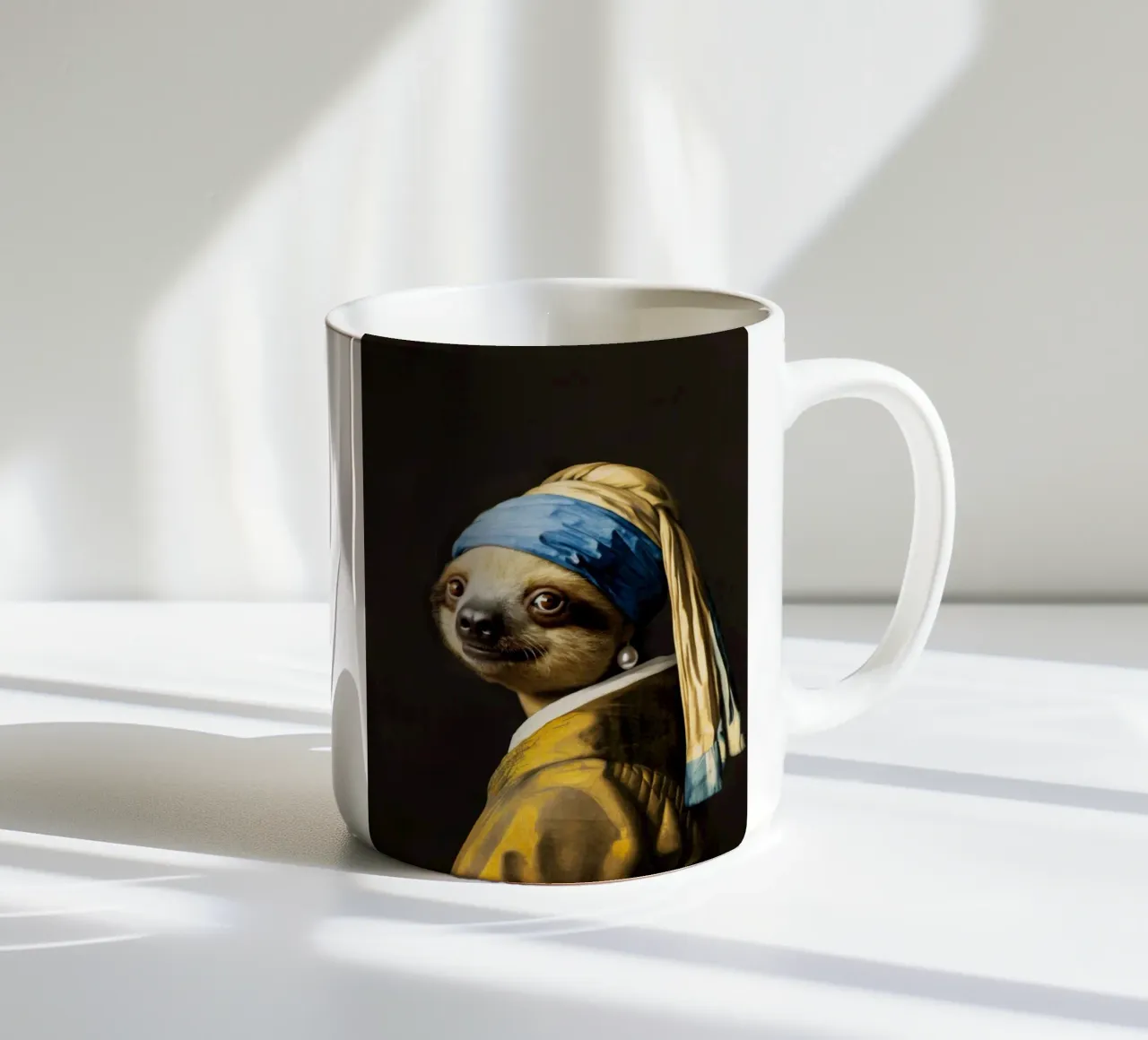 Le paresseux de Vermeer avec une boucle d'oreille en perle dans une robe jaune mug en céramique de Modern Muse
