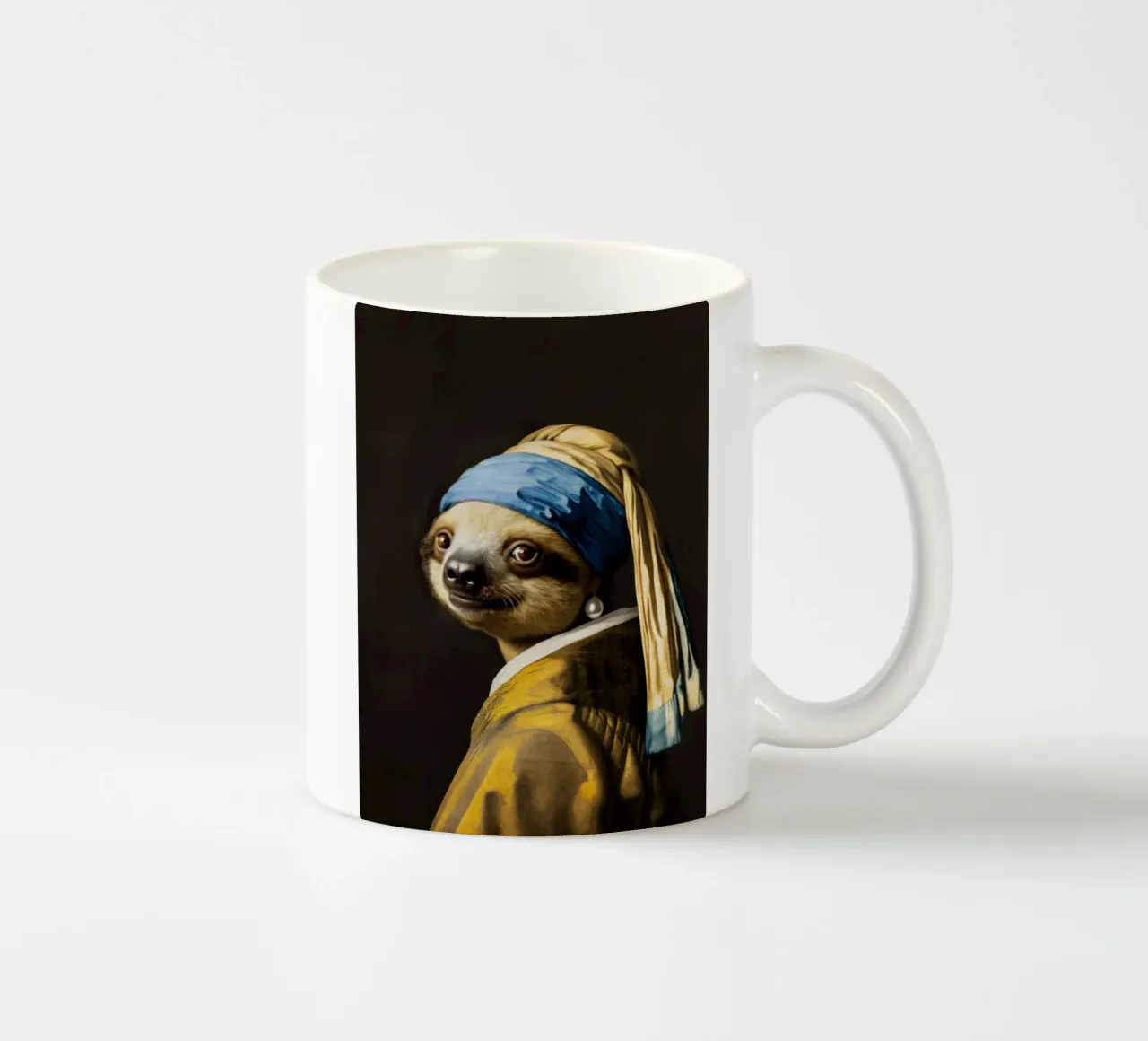 Le paresseux de Vermeer avec une boucle d'oreille en perle dans une robe jaune mug en céramique de Modern Muse