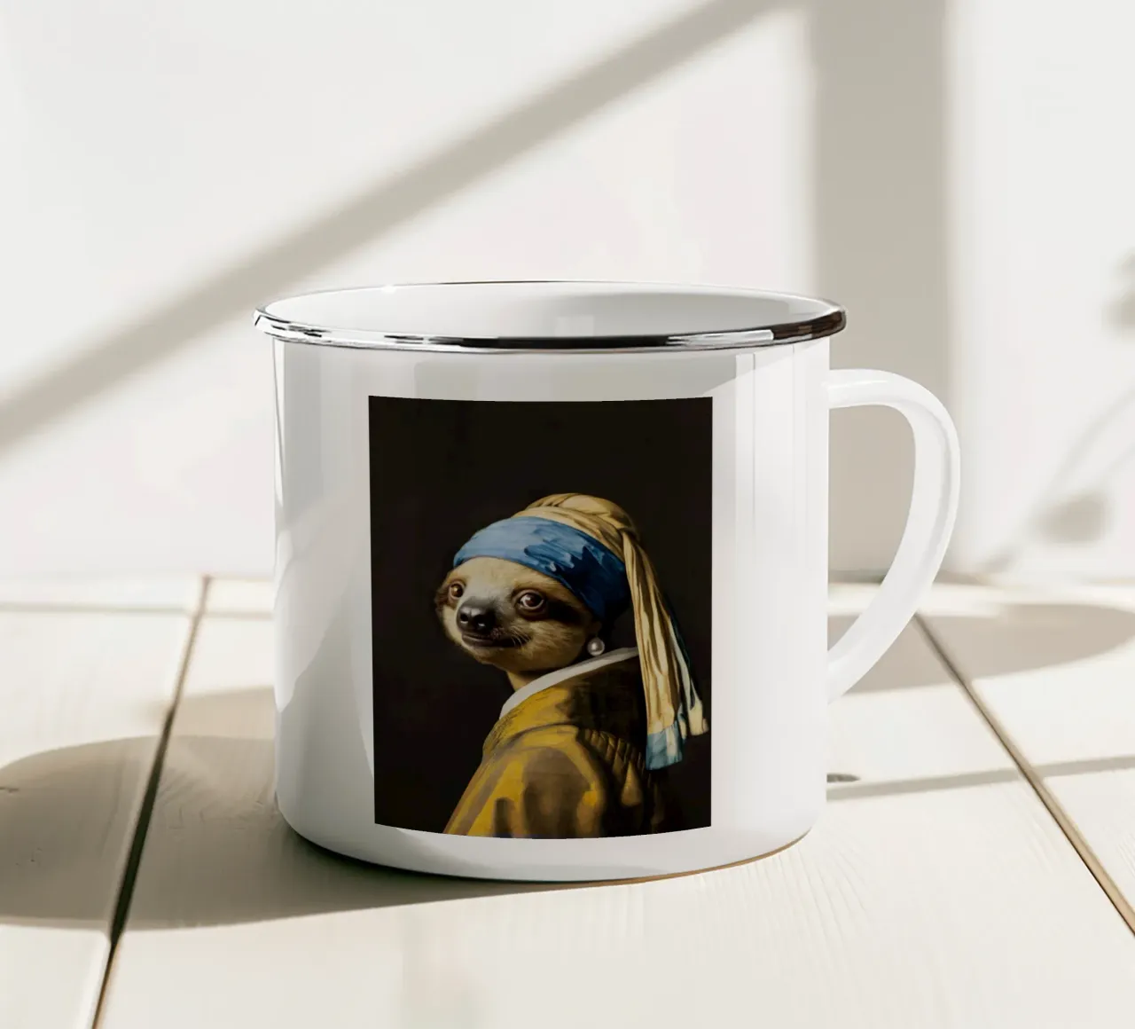 Bradipo di Vermeer con orecchino di perla e veste gialla tazza in smalto da Modern Muse