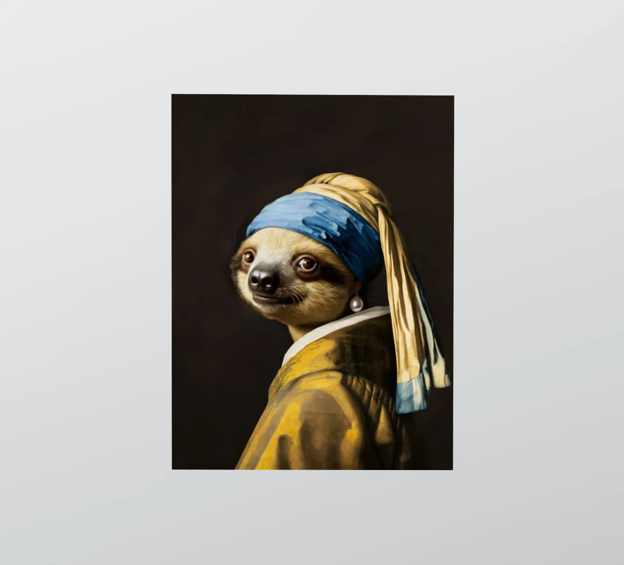 Le paresseux de Vermeer avec une boucle d'oreille en perle dans une robe jaune autocollant de Modern Muse