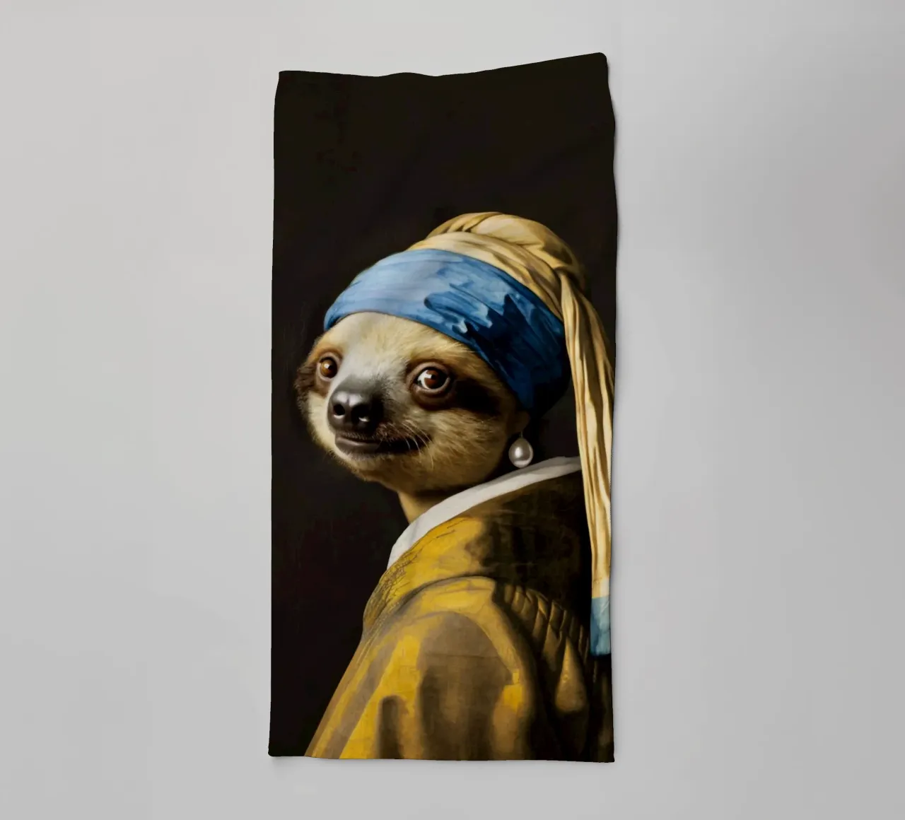 Le paresseux de Vermeer avec une boucle d'oreille en perle dans une robe jaune serviette de bain de Modern Muse