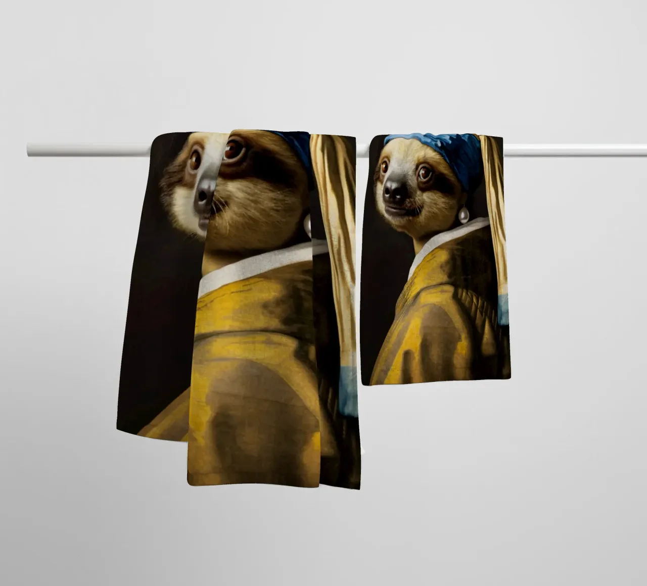 Le paresseux de Vermeer avec une boucle d'oreille en perle dans une robe jaune serviette de bain de Modern Muse