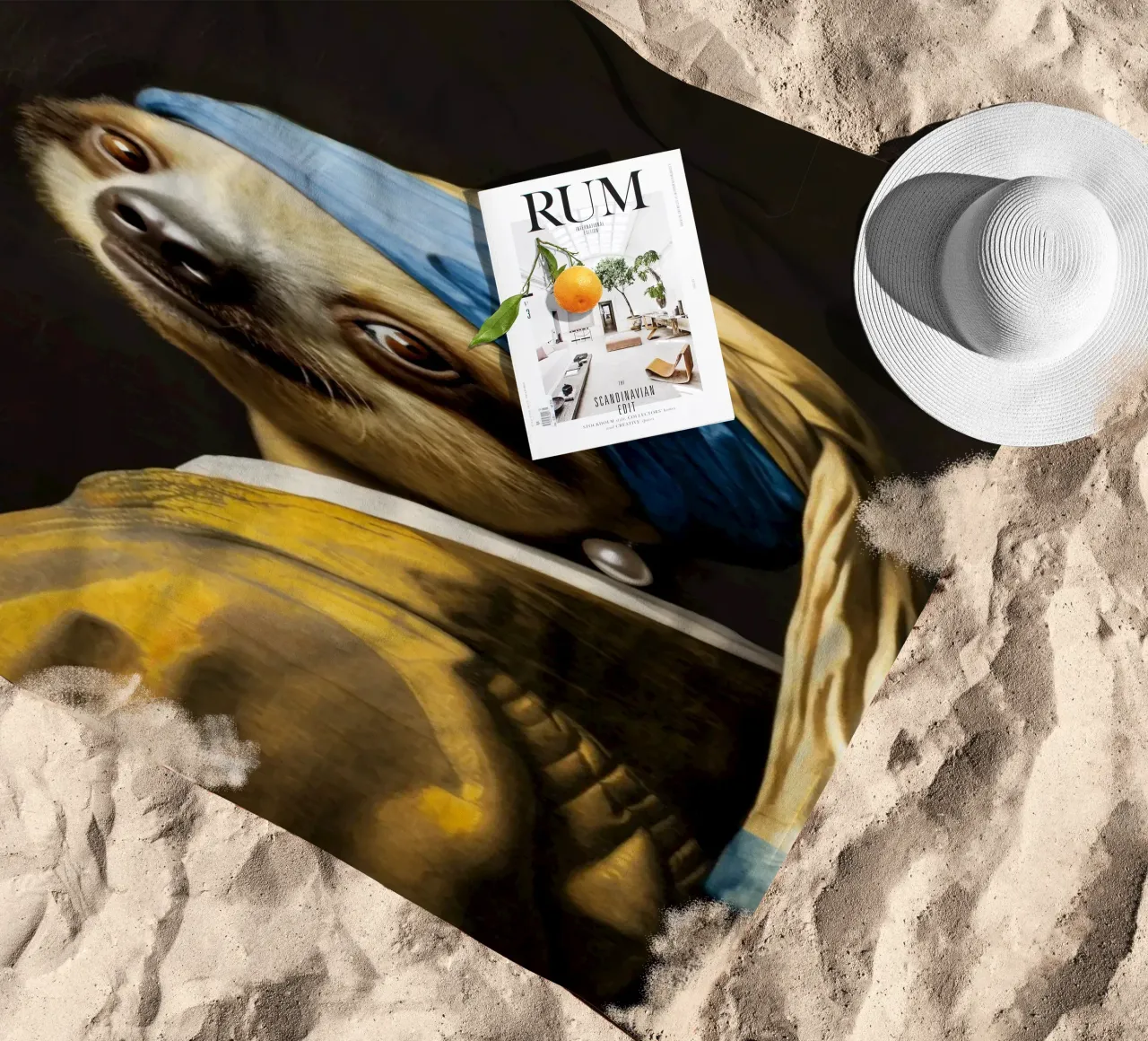 Le paresseux de Vermeer avec une boucle d'oreille en perle dans une robe jaune serviette de plage de Modern Muse
