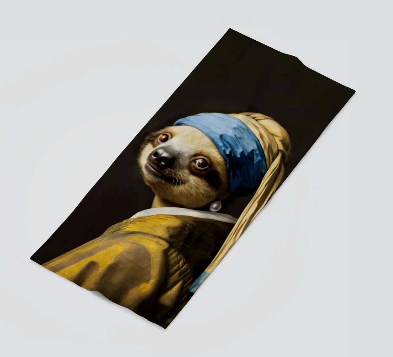 Le paresseux de Vermeer avec une boucle d'oreille en perle dans une robe jaune serviette de plage de Modern Muse