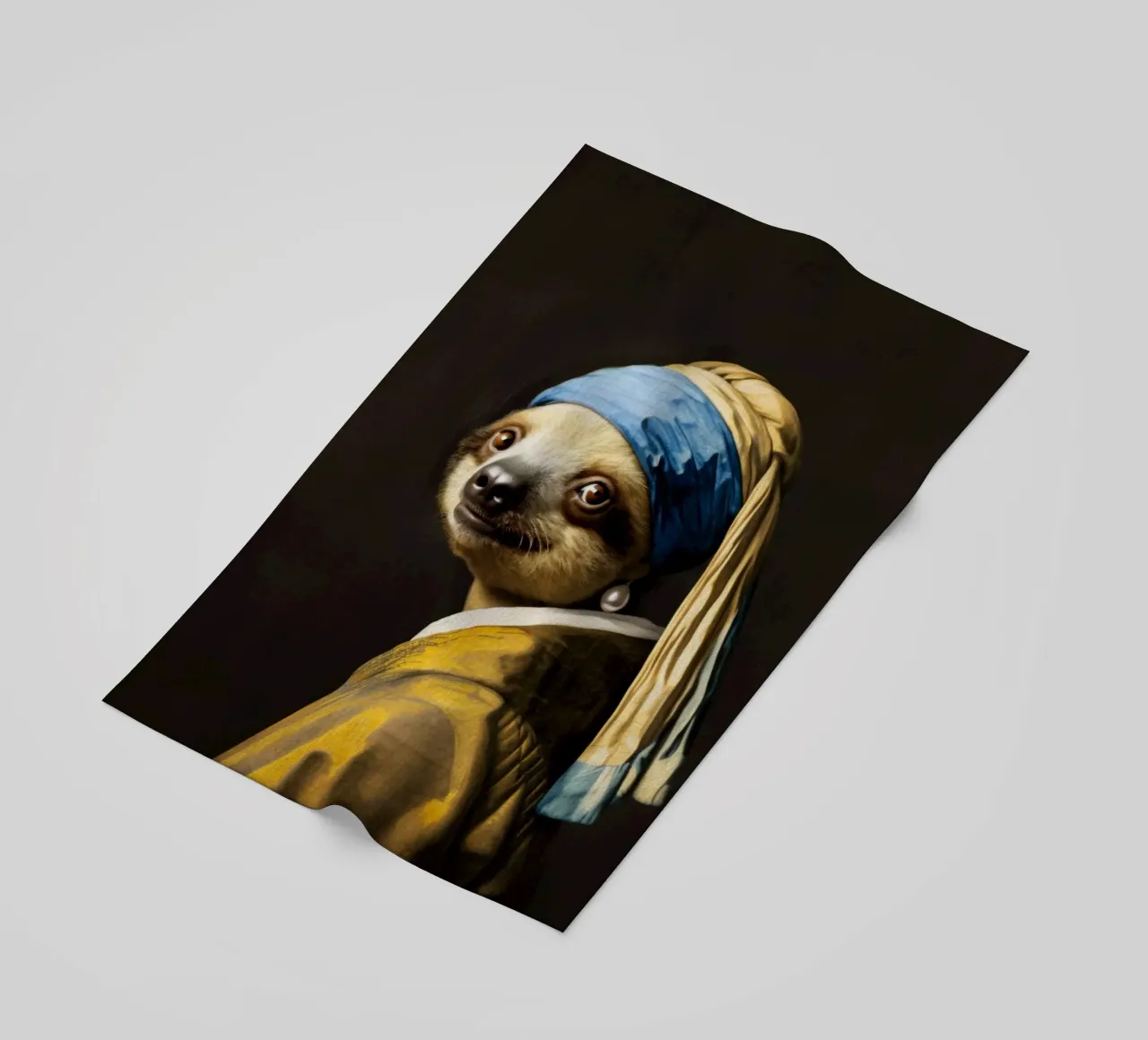 Le paresseux de Vermeer avec une boucle d'oreille en perle dans une robe jaune serviette de plage de Modern Muse