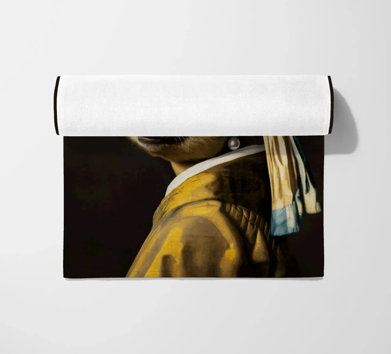 Le paresseux de Vermeer avec une boucle d'oreille en perle dans une robe jaune serviette de plage de Modern Muse