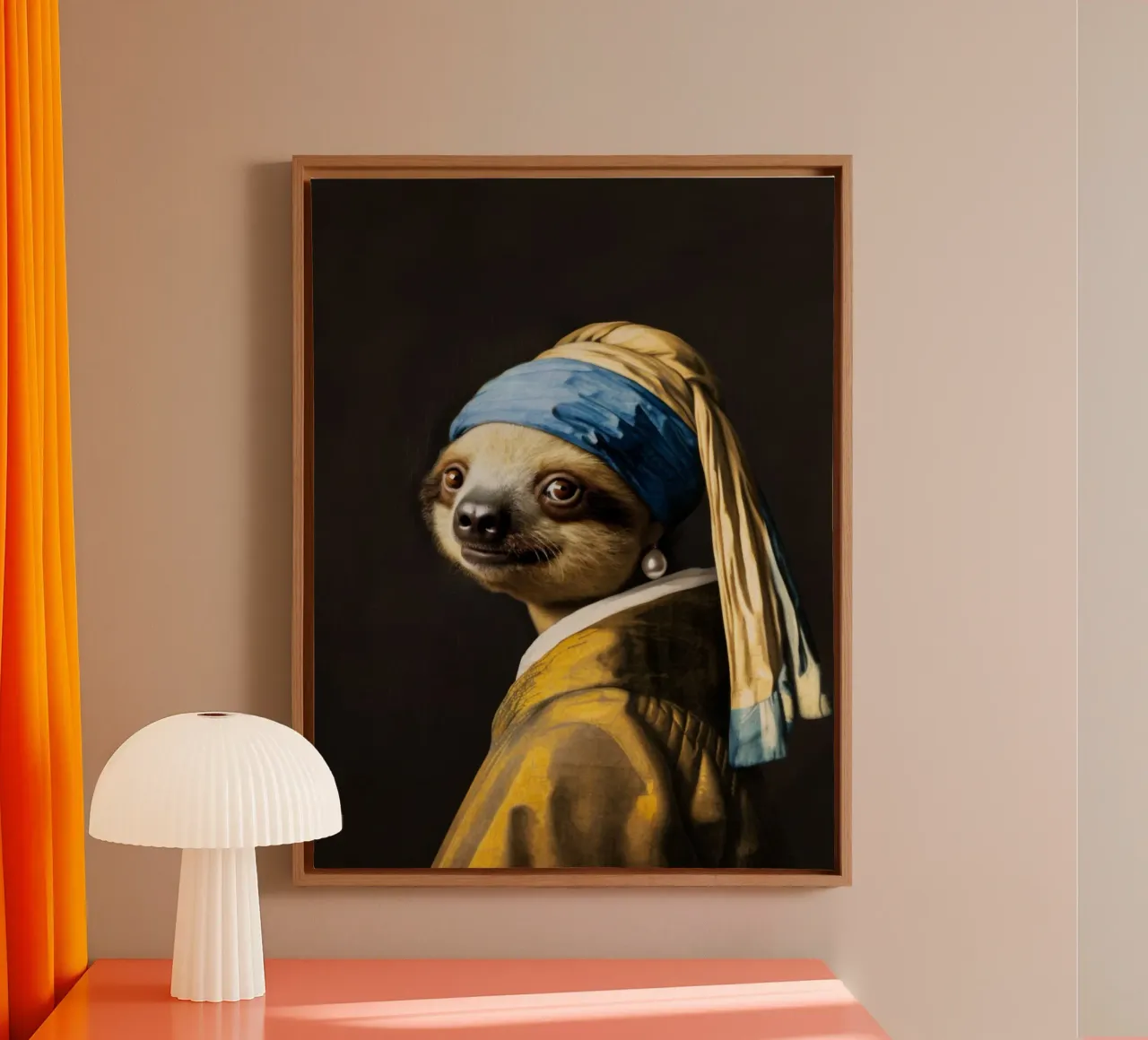 Luiaard met parel in gele mantel van Vermeer canvas met Baklijst van Modern Muse