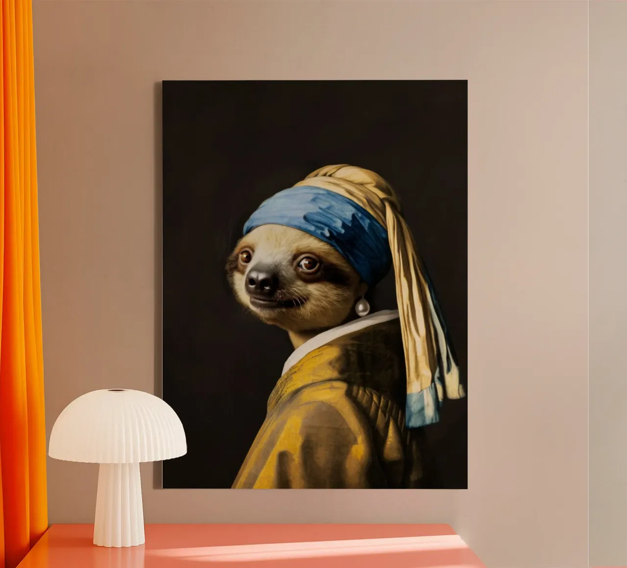 Luiaard met parel in gele mantel van Vermeer canvas met Baklijst van Modern Muse