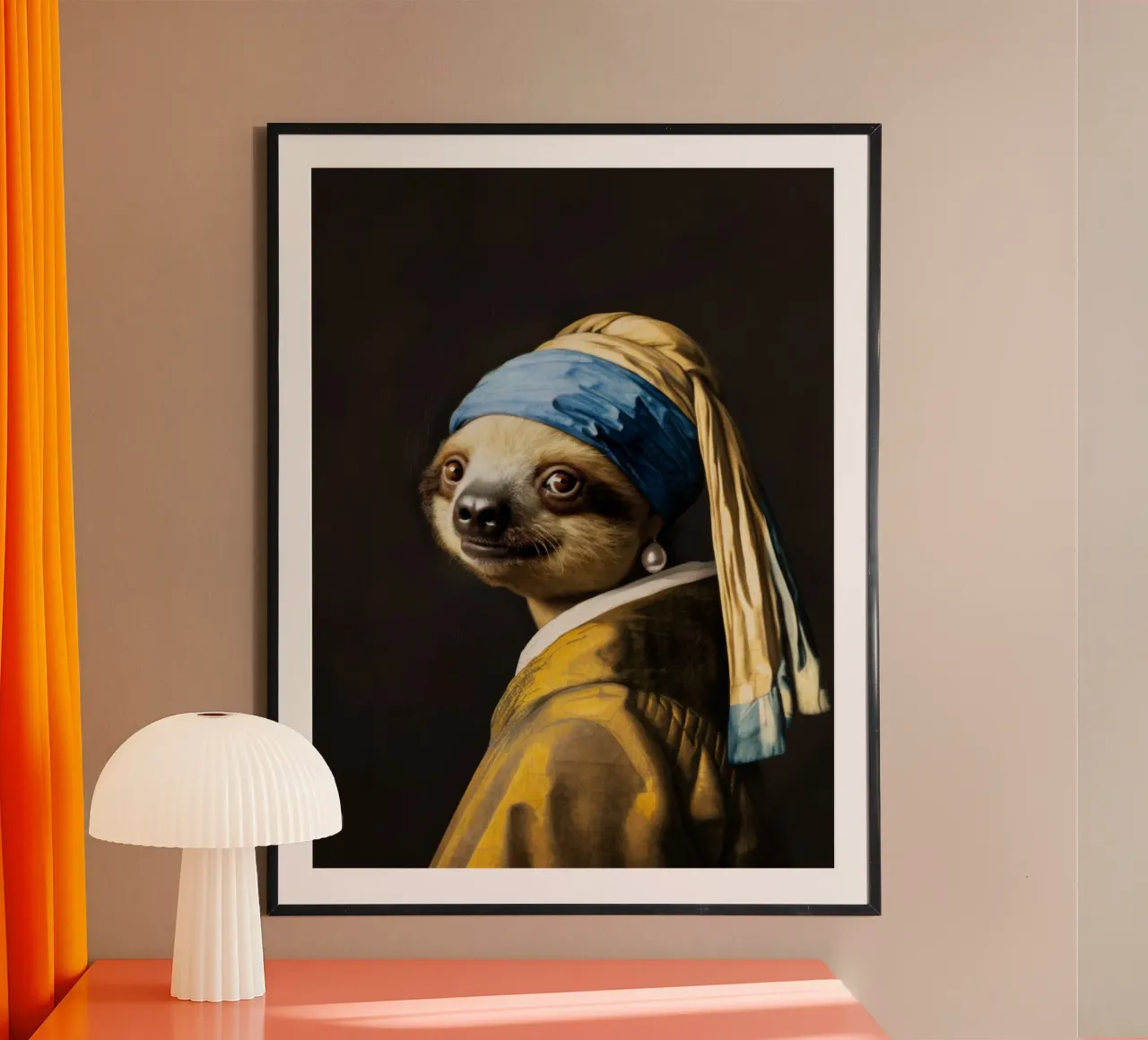 Vermeers Faultier mit Perlenohrring im gelben Gewand Poster mit Kunststoffrahmen von Modern Muse