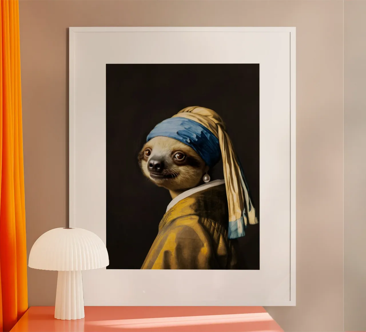 Le paresseux de Vermeer avec une boucle d'oreille en perle dans une robe jaune poster avec cadre en plastique de Modern Muse