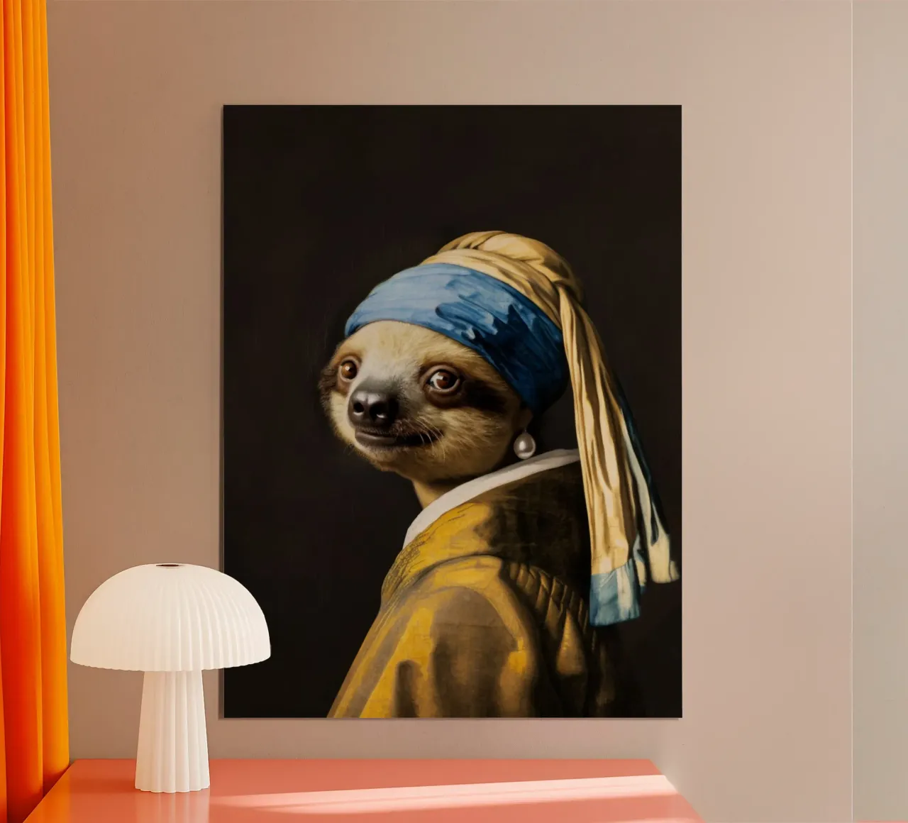 Vermeers Faultier mit Perlenohrring im gelben Gewand Poster mit Kunststoffrahmen von Modern Muse