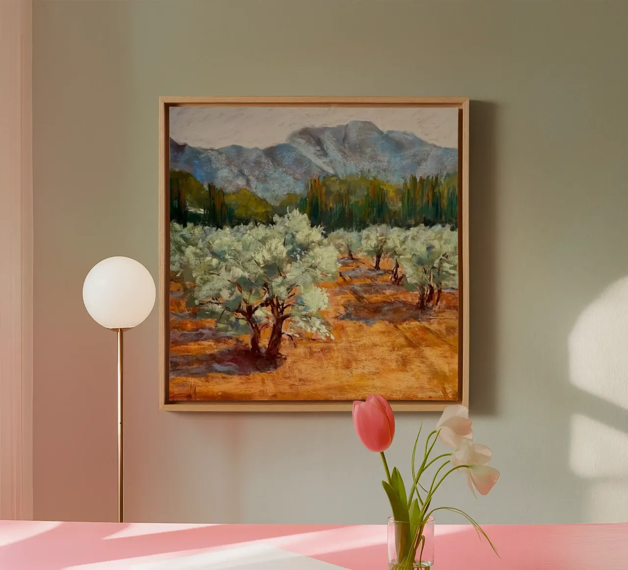 trees mountains canvas with Floater frame by Karl Martin
