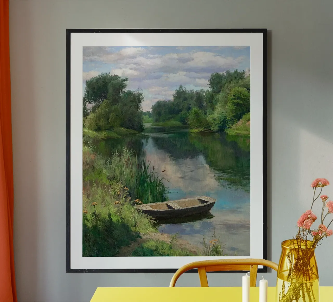 barca fiume alberi poster con telaio in legno da Karl Martin