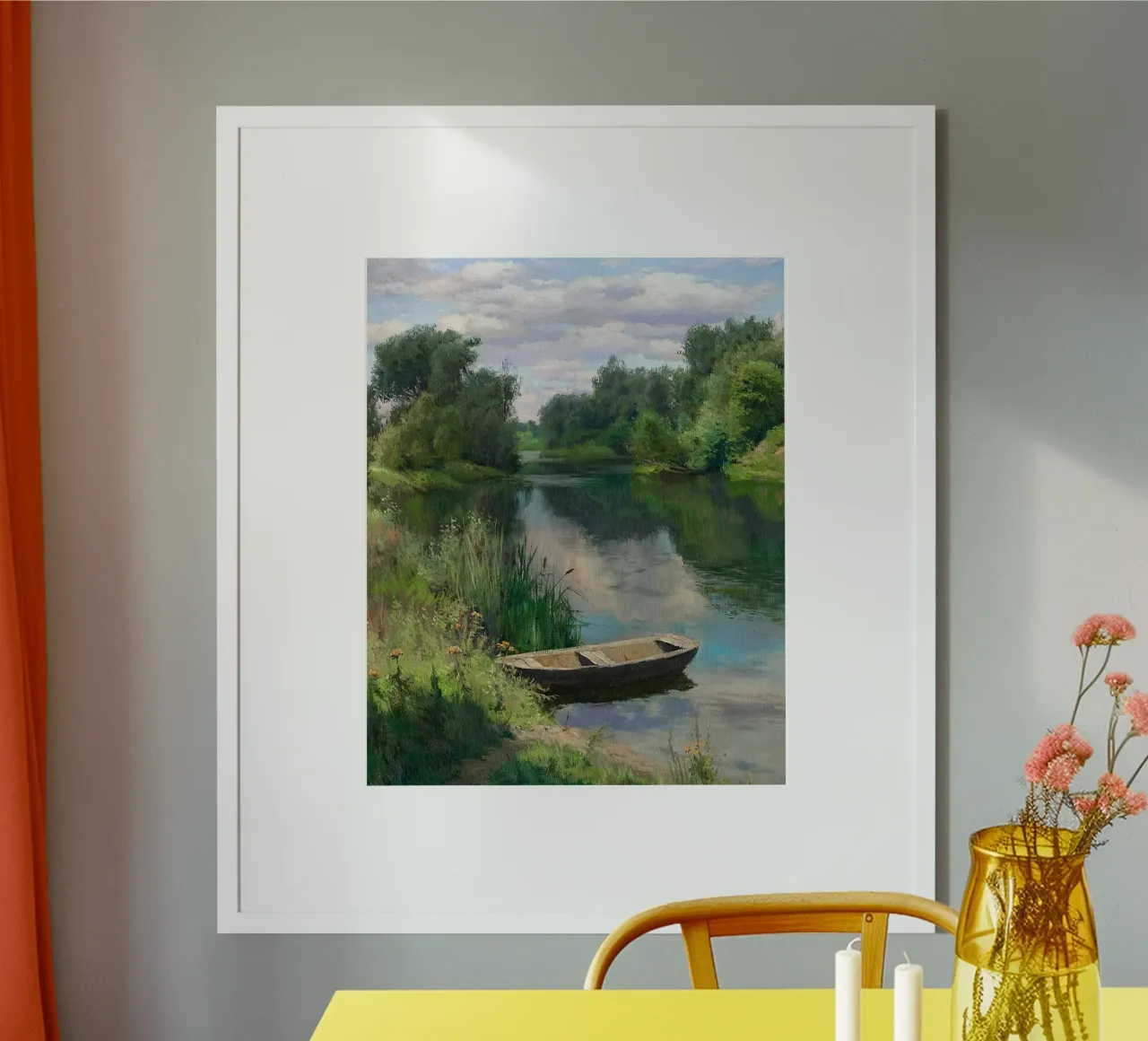 barca fiume alberi poster con telaio in legno da Karl Martin