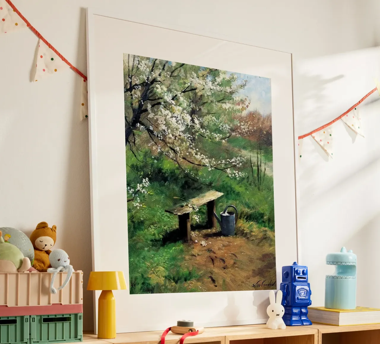 albero con annaffiatoio poster con telaio in legno da Karl Martin