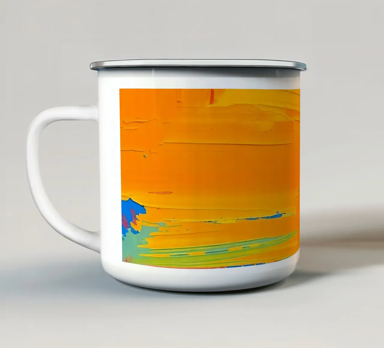 Pittura astratta con pennellate di arancione, giallo, blu e rosso tazza in smalto da DesignDoodle