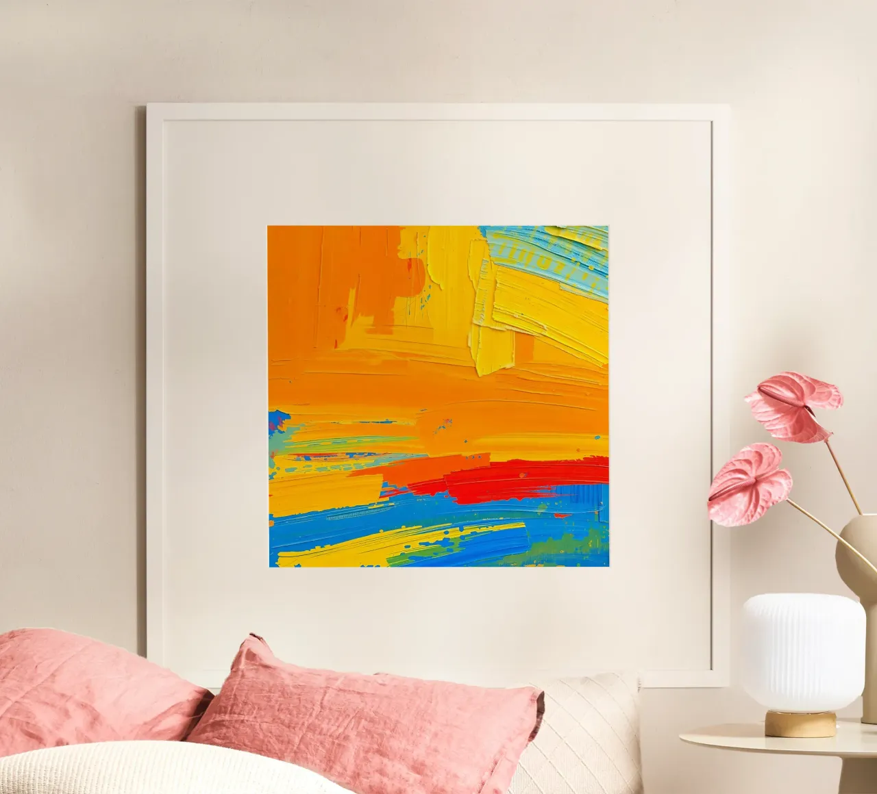 Pittura astratta con pennellate di arancione, giallo, blu e rosso poster con telaio in legno da DesignDoodle
