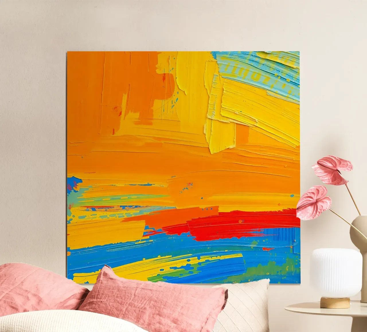 Pittura astratta con pennellate di arancione, giallo, blu e rosso poster con telaio in legno da DesignDoodle