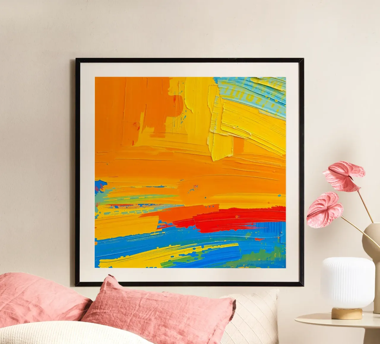 Pittura astratta con pennellate di arancione, giallo, blu e rosso poster con telaio in legno da DesignDoodle