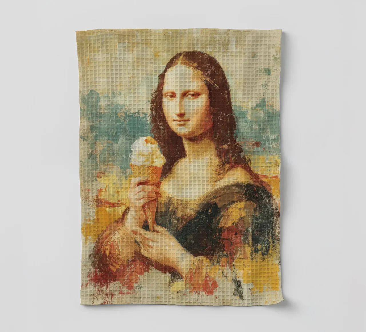 Mona Lisa dégustant une glace à l'huile en style vintage torchon de Modern Muse