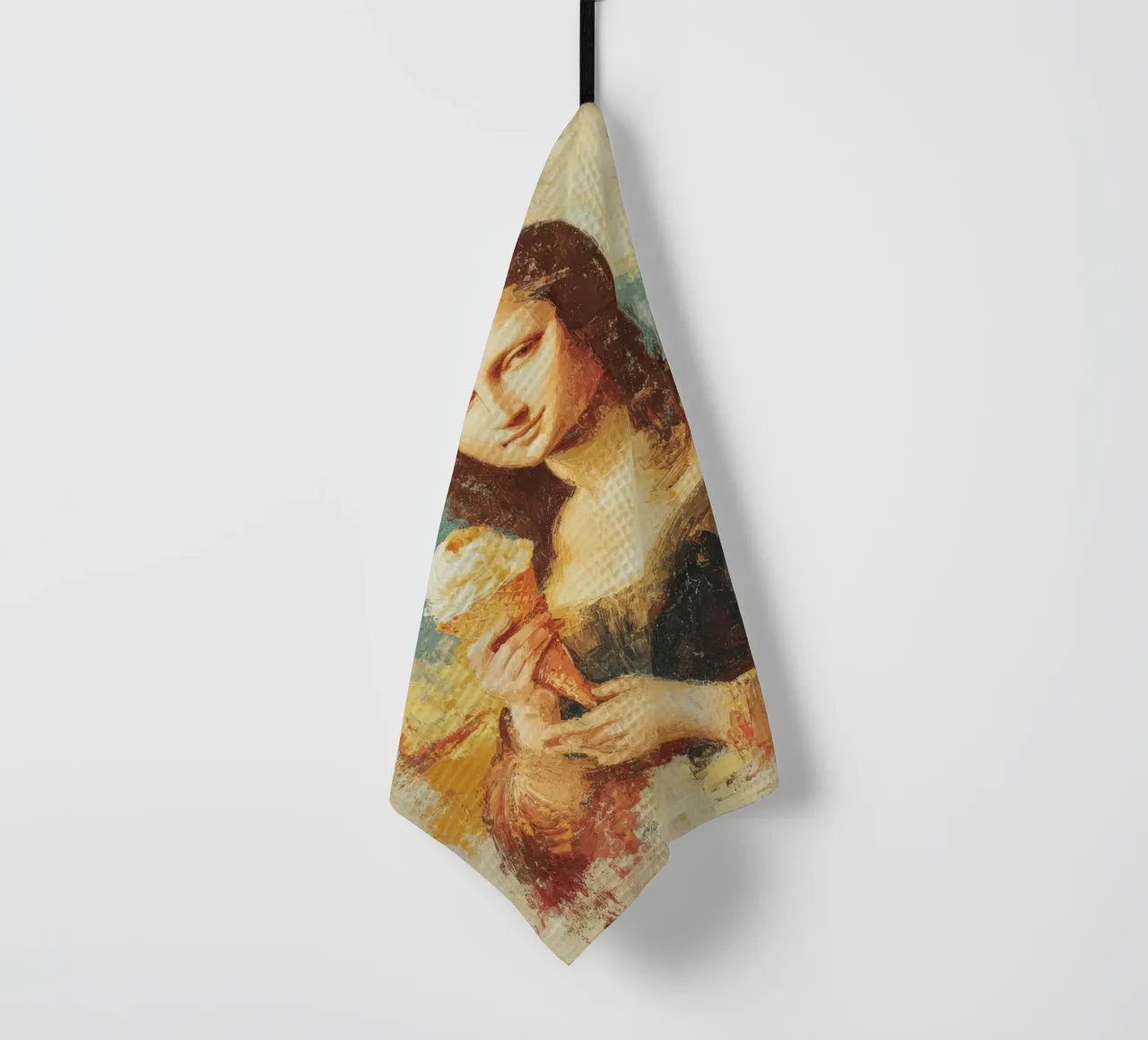 Mona Lisa dégustant une glace à l'huile en style vintage torchon de Modern Muse