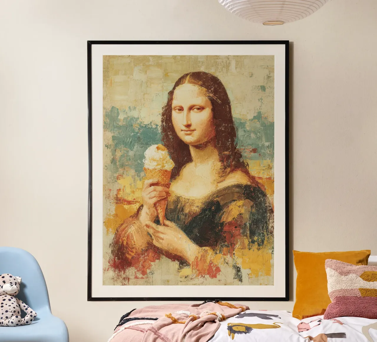 Mona Lisa dégustant une glace à l'huile en style vintage poster avec cadre en plastique de Modern Muse