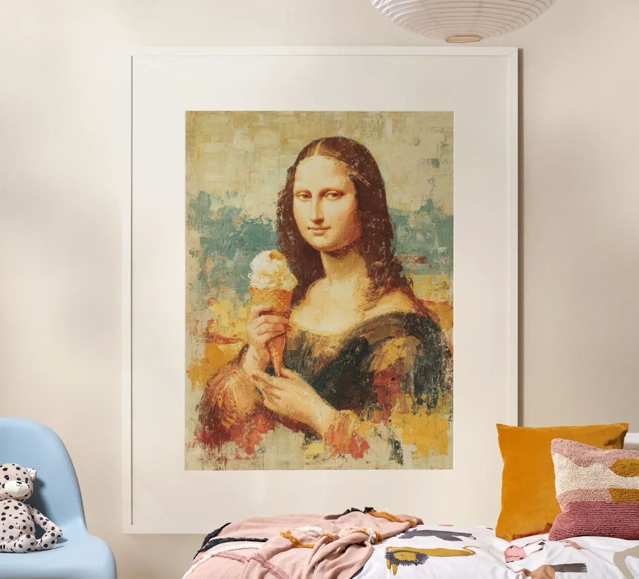 Mona Lisa dégustant une glace à l'huile en style vintage poster avec cadre en plastique de Modern Muse