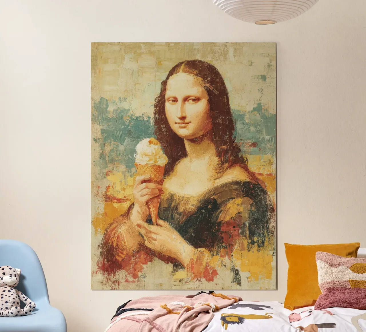 Mona Lisa dégustant une glace à l'huile en style vintage poster avec cadre en plastique de Modern Muse
