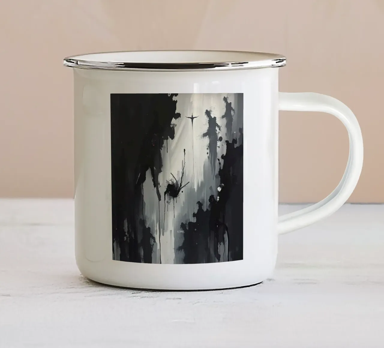Pittura astratta monocromatica di figure e gocce tazza in smalto da DesignDoodle
