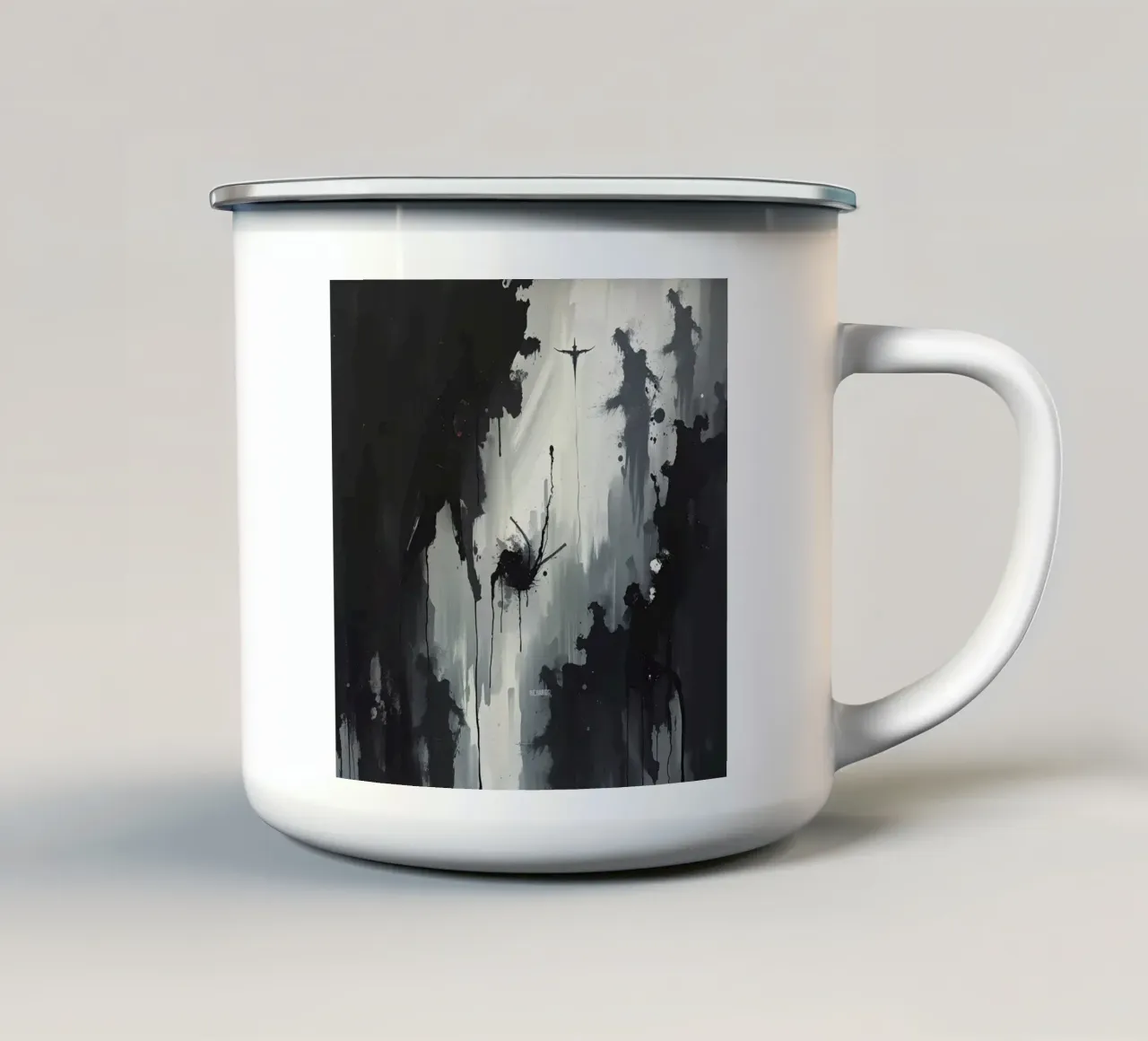 Pittura astratta monocromatica di figure e gocce tazza in smalto da DesignDoodle