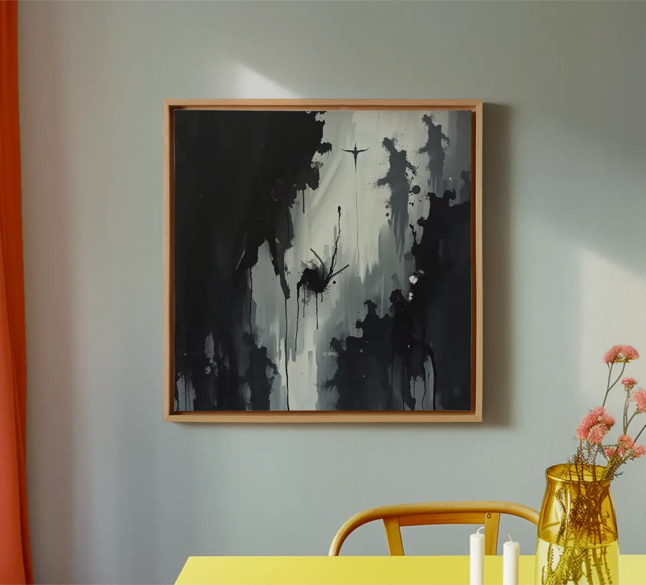 Abstract Monochrome Painting of Figures and Drips canvas with Floater frame by DesignDoodle