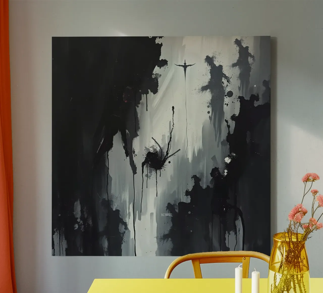 Abstract Monochrome Painting of Figures and Drips canvas with Floater frame by DesignDoodle