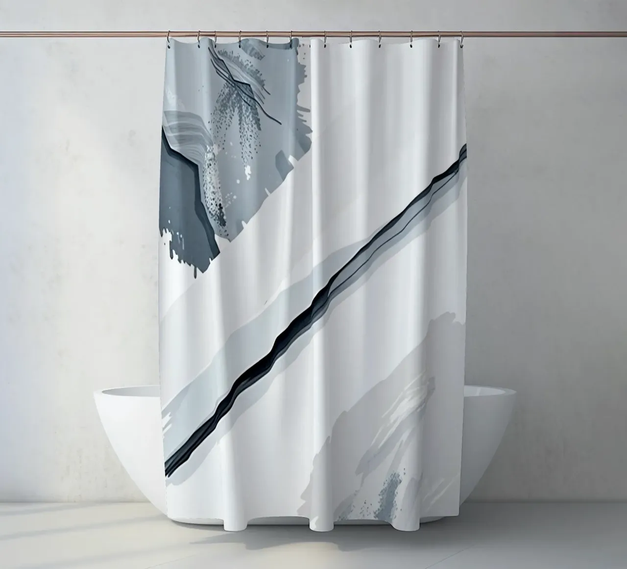 Abstract Image with Diagonal Line and Grey Splatters shower curtain by DesignDoodle