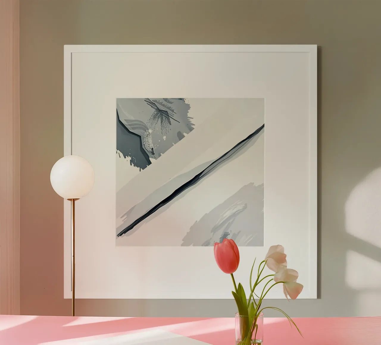 Immagine astratta con linea diagonale e macchie grigie poster con telaio in alluminio da DesignDoodle