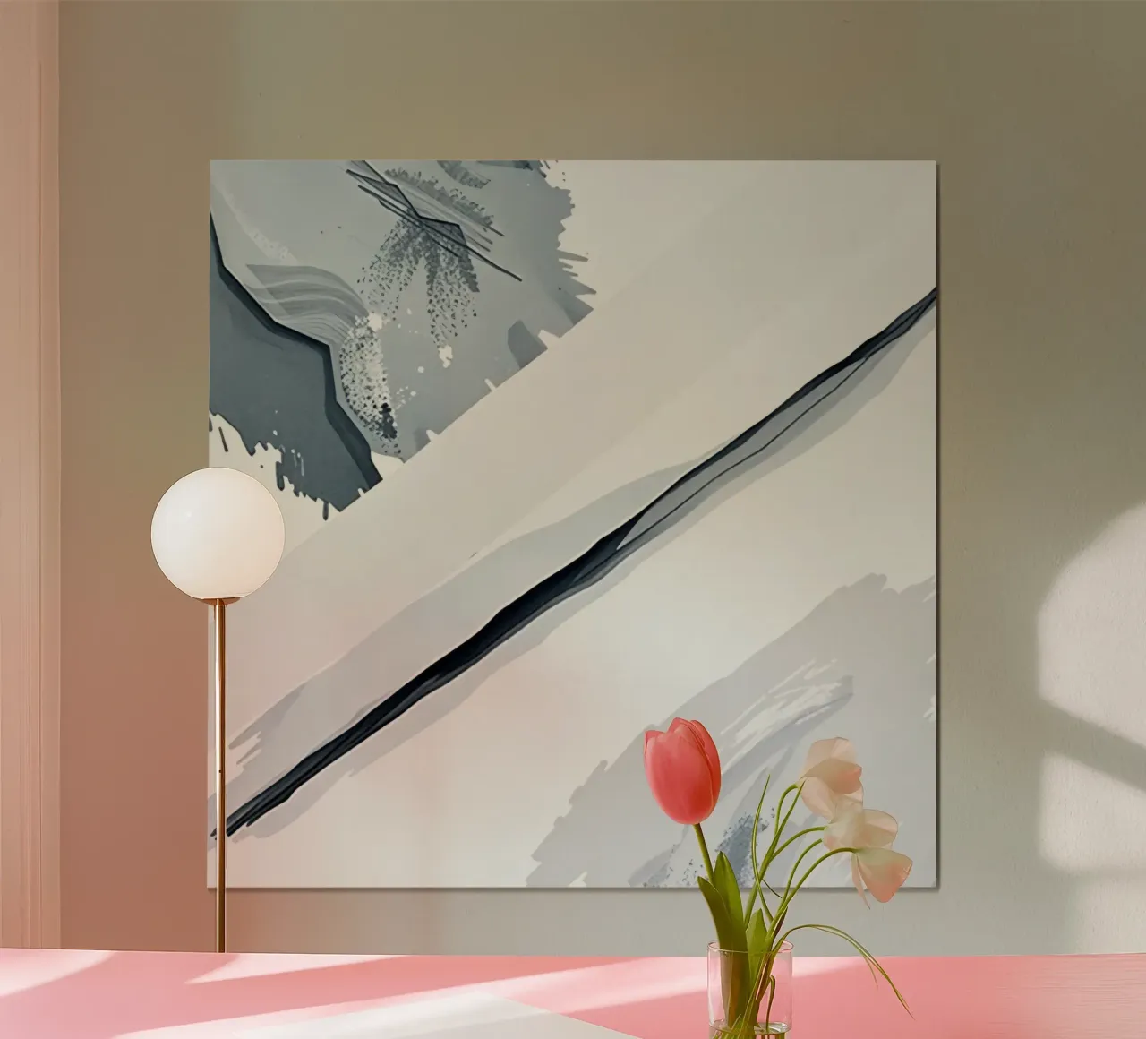 Immagine astratta con linea diagonale e macchie grigie poster con telaio in alluminio da DesignDoodle