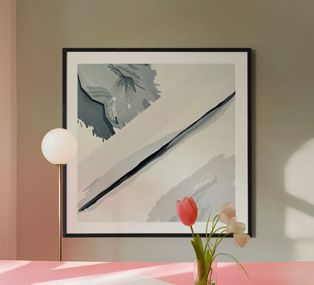 Immagine astratta con linea diagonale e macchie grigie poster con telaio in alluminio da DesignDoodle