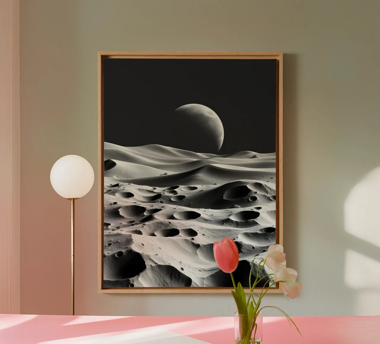 Paesaggio lunare monocromatico, crateri e dune astratte tela con Cornice a cassetta da Artistic-shop