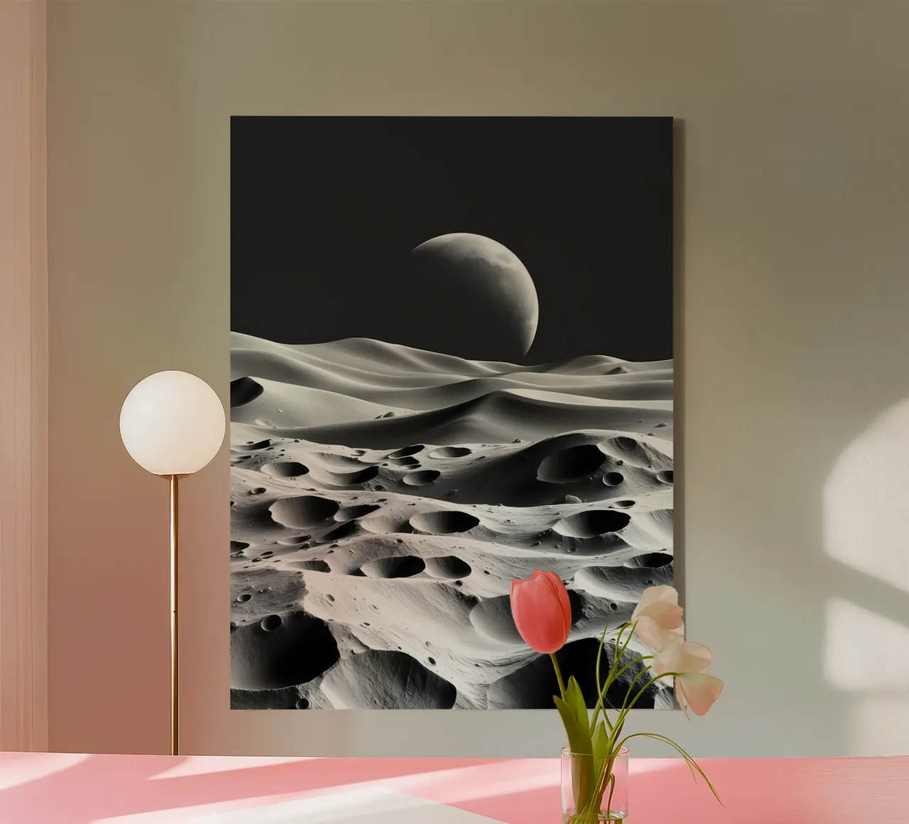 Paesaggio lunare monocromatico, crateri e dune astratte tela con Cornice a cassetta da Artistic-shop