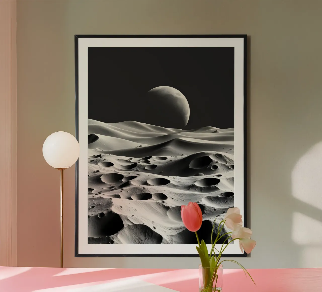 Paesaggio lunare monocromatico, crateri e dune astratte poster con telaio in alluminio da Artistic-shop
