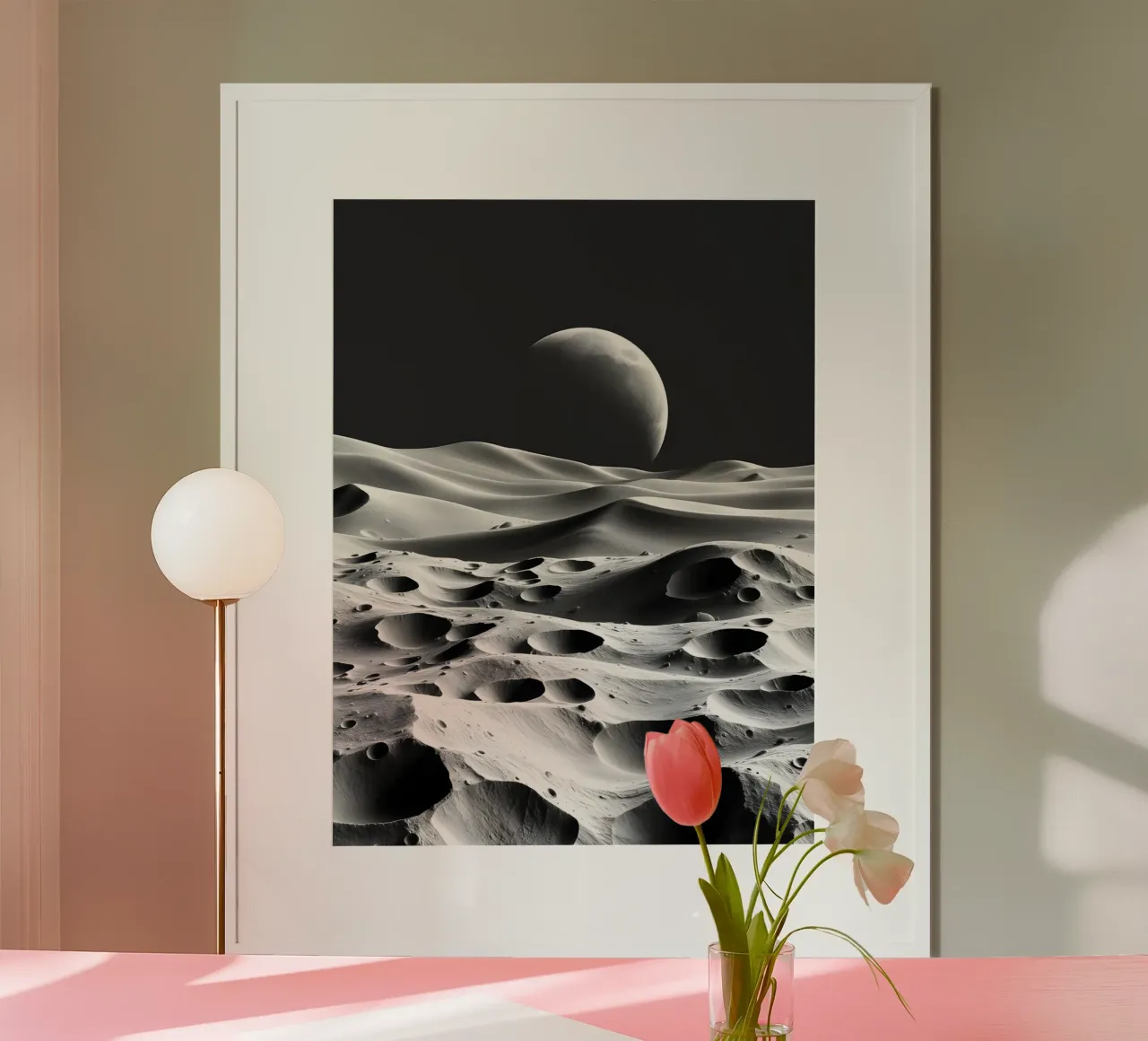 Paesaggio lunare monocromatico, crateri e dune astratte poster con telaio in alluminio da Artistic-shop