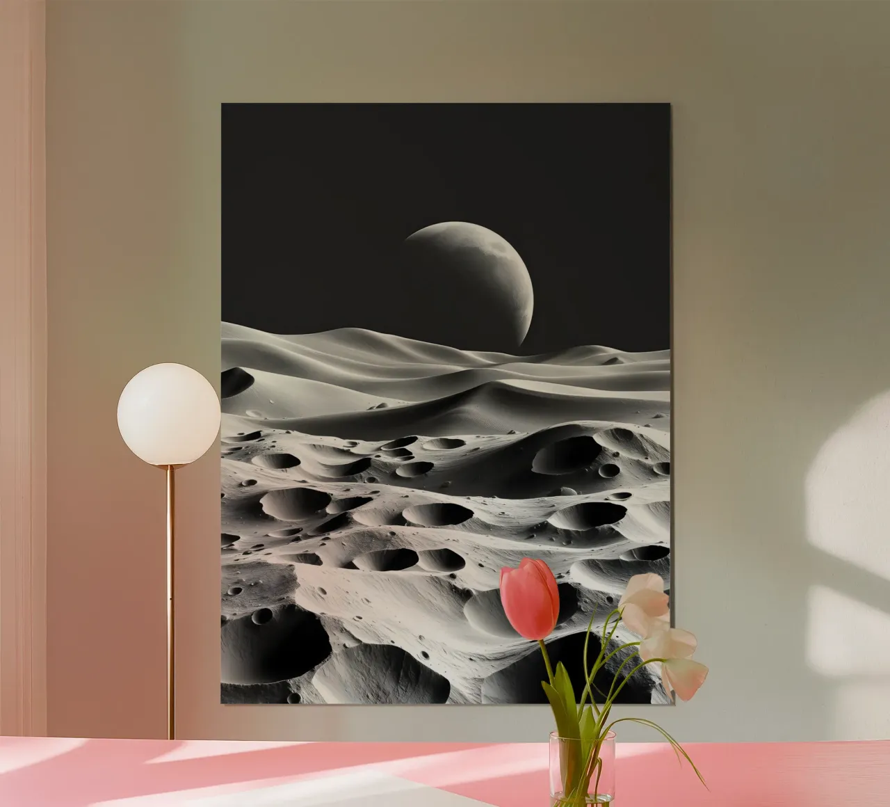 Paesaggio lunare monocromatico, crateri e dune astratte poster con telaio in alluminio da Artistic-shop