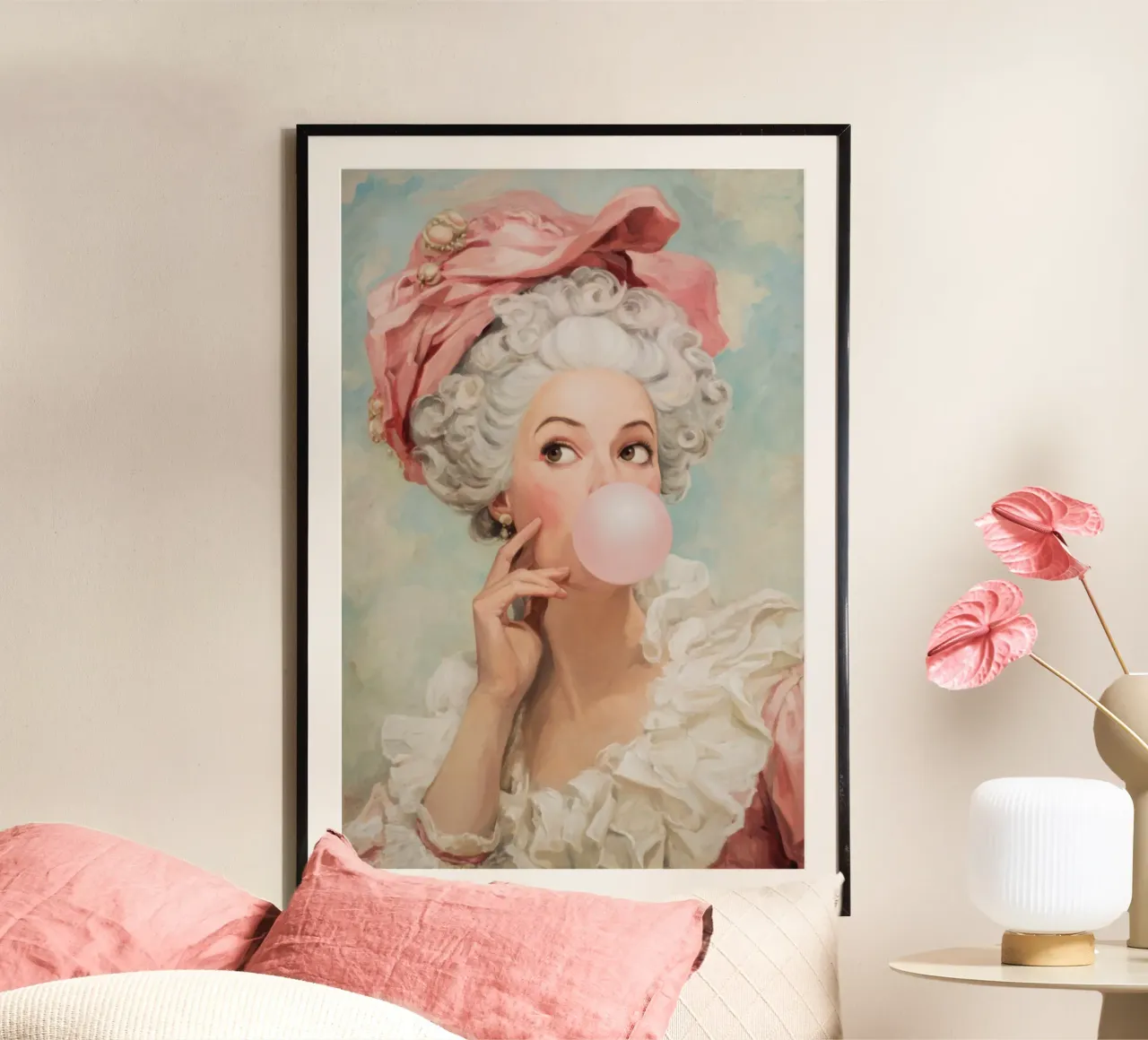 Madame Pompadur che soffia una gomma da masticare rosa poster con telaio in alluminio da Modern Muse